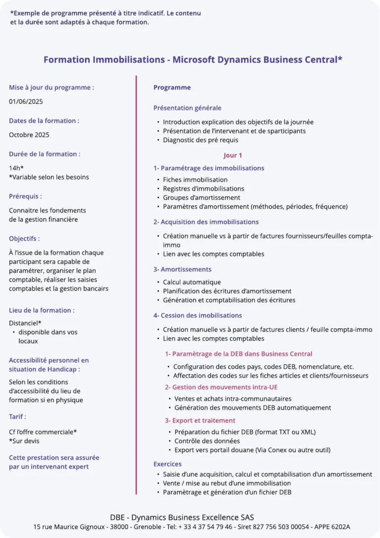 Exemple de programme de formation Business Central : Formation Immobilisations