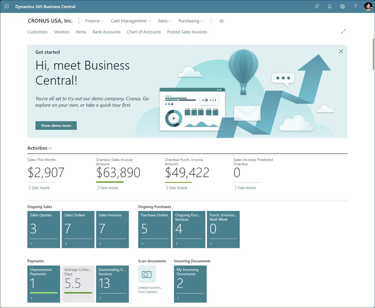 Interface de Microsoft Dynamics 365 Business Central
