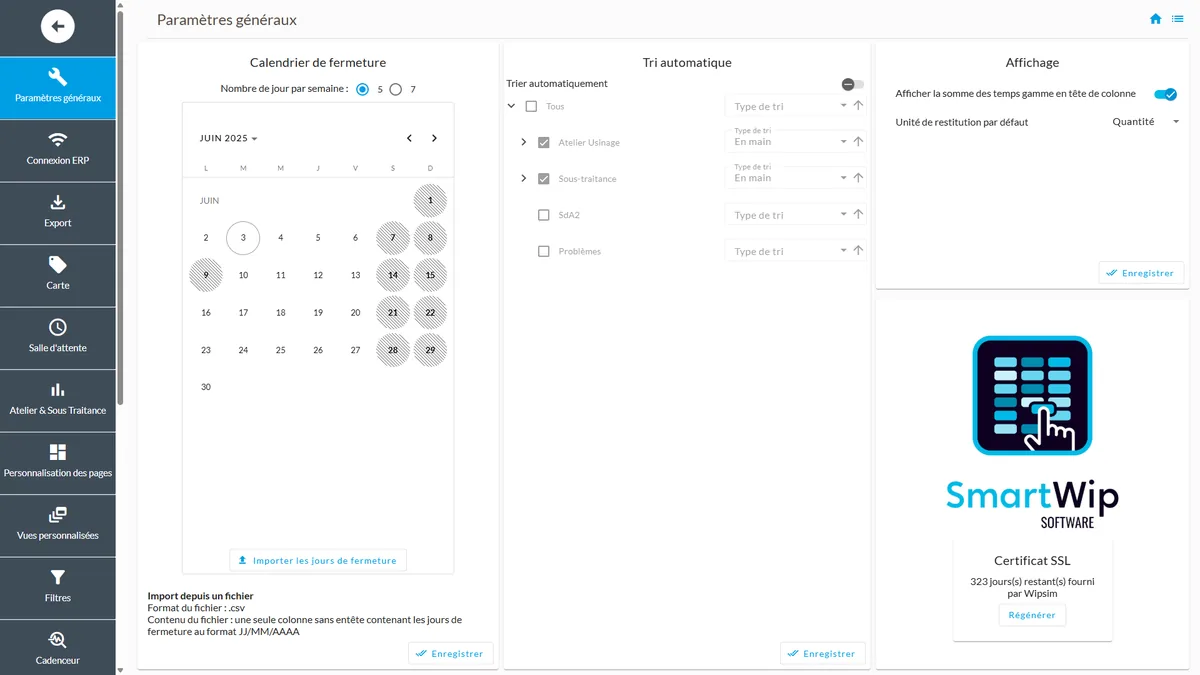 Découvrez WIPSIM : paramètres généraux du tableau d'atelier SmartWip